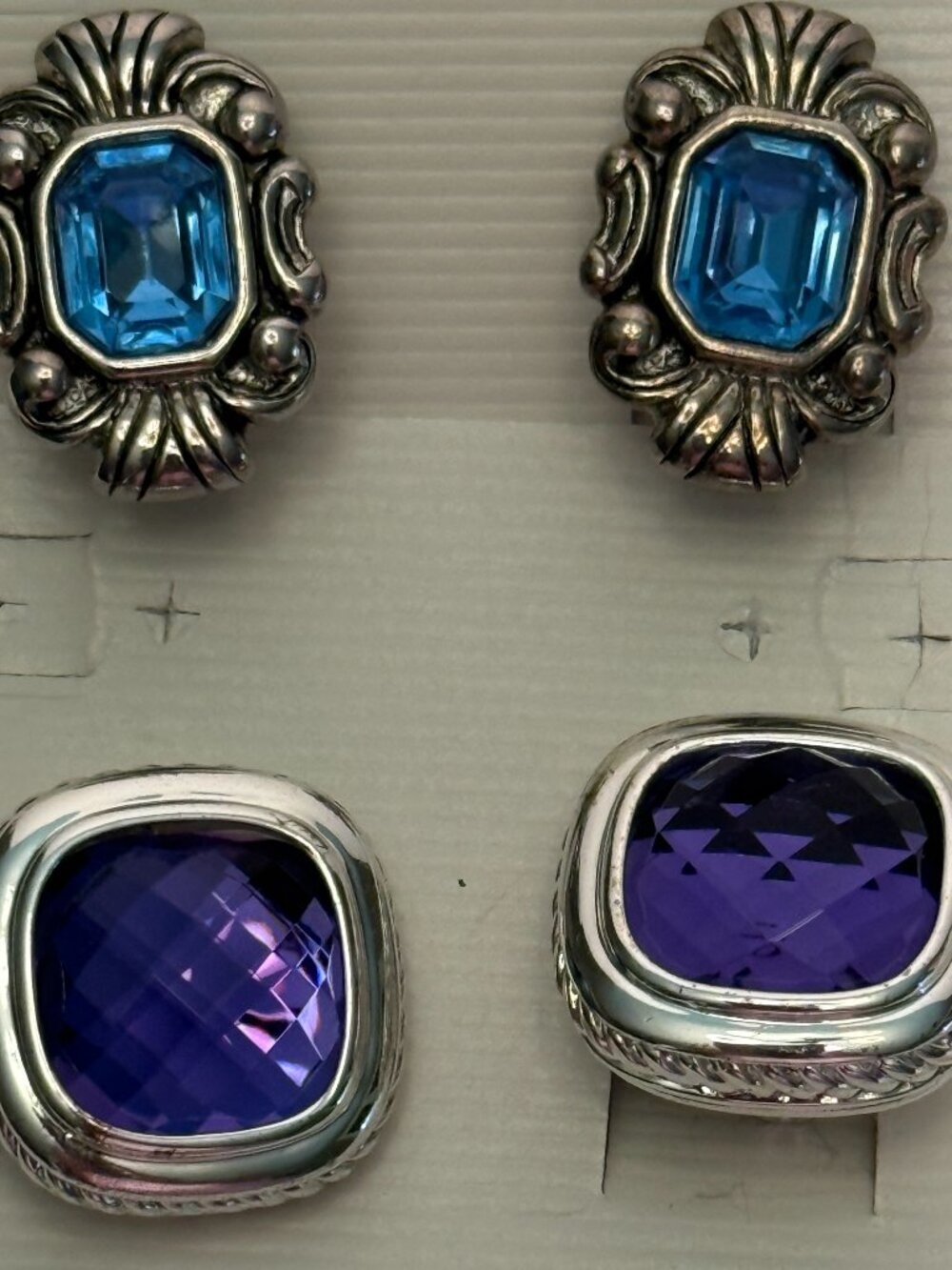 NEW 2 Pairs Clip On Earrings Silver Tone Blue and Purple Gems Convertible